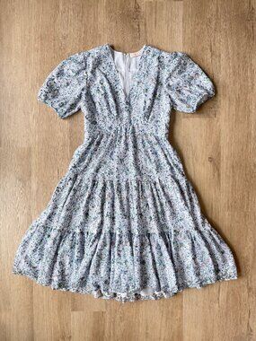 TORY BURCH Floral Print Lace Tiered Midi Dress Short Slv Size 12